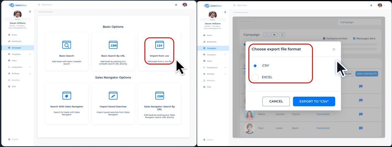 Salesflow CSV import and export options.
