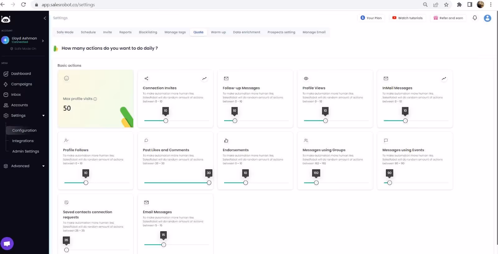 SalesRobot daily quota limits
