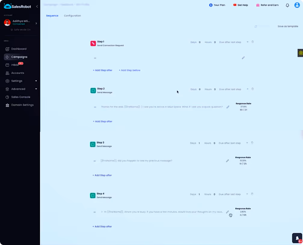 Screenshot of a 4-step SalesRobot automated campaign sequence, featuring one connection request step followed by three follow-up steps.