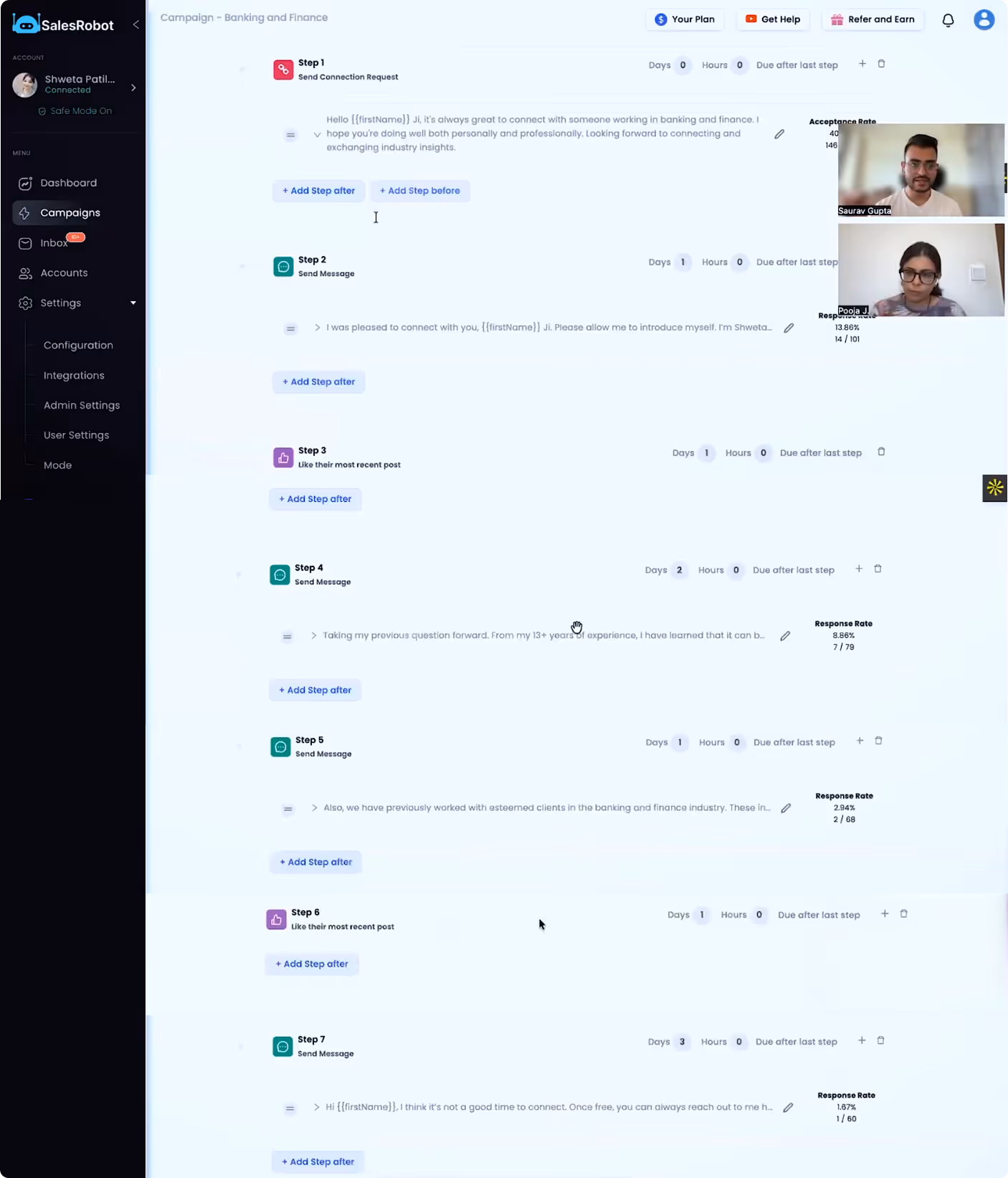 Successful 7-step SalesRobot sequence for Buzz Up Marketing: a high-touch LinkedIn workflow featuring sending a connection request, post likes paired with a strategic multi-message engagement strategy.