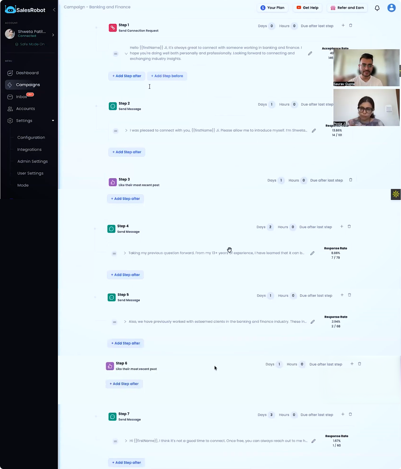Successful 7-step SalesRobot sequence for Buzz Up Marketing: a high-touch LinkedIn workflow featuring sending a connection request, post likes paired with a strategic multi-message engagement strategy.