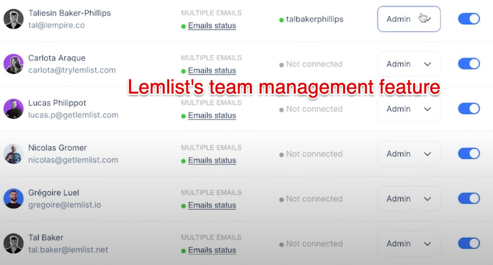 Lemlist's team management feature interface.