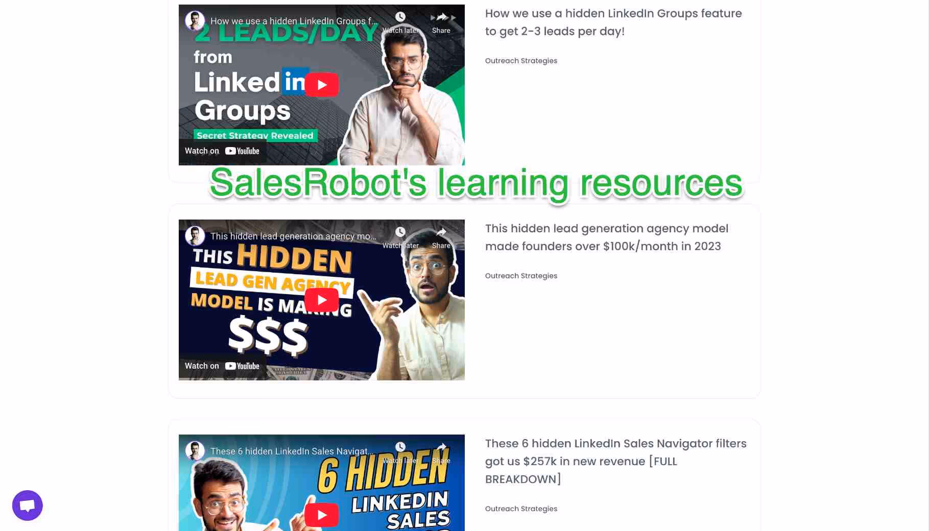 SalesRobot's learning resources, including videos on lead generation strategies.