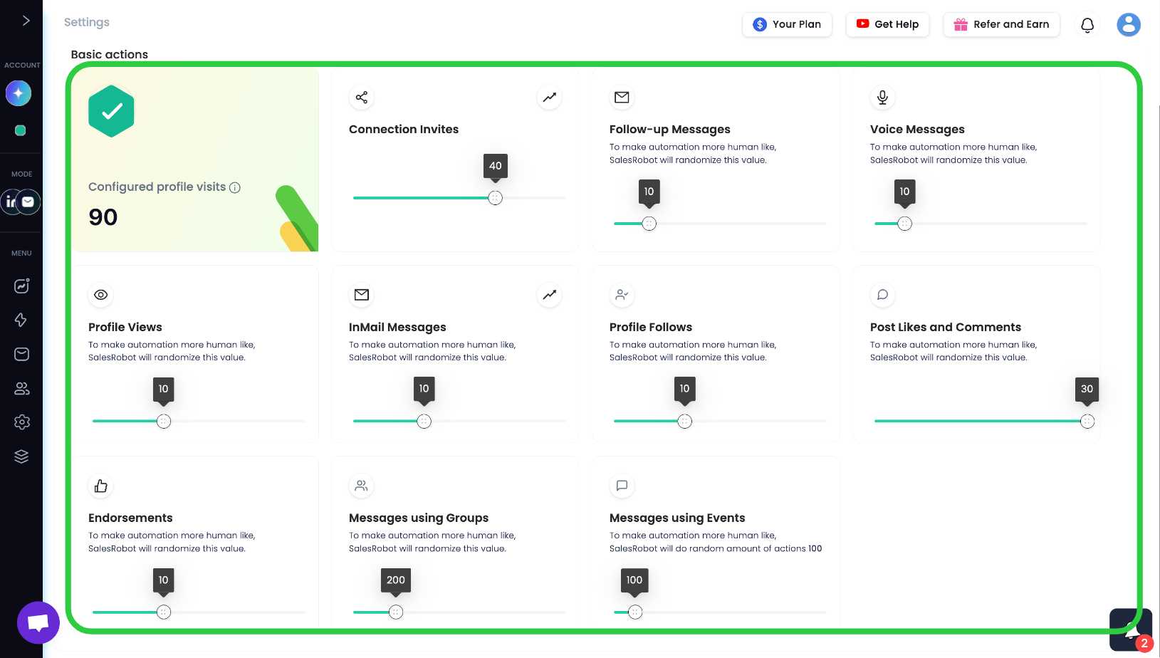 Sales automation dashboard showing various metrics.