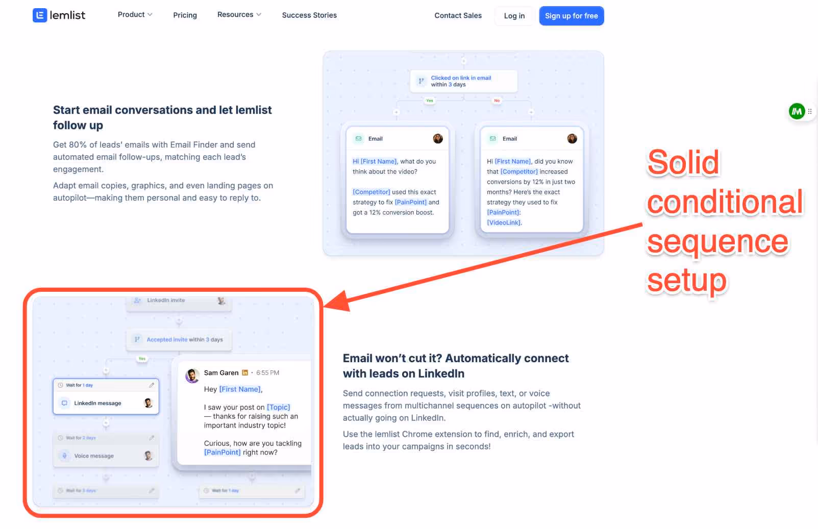 Lemlist interface showcasing automated email follow-ups and LinkedIn integration.