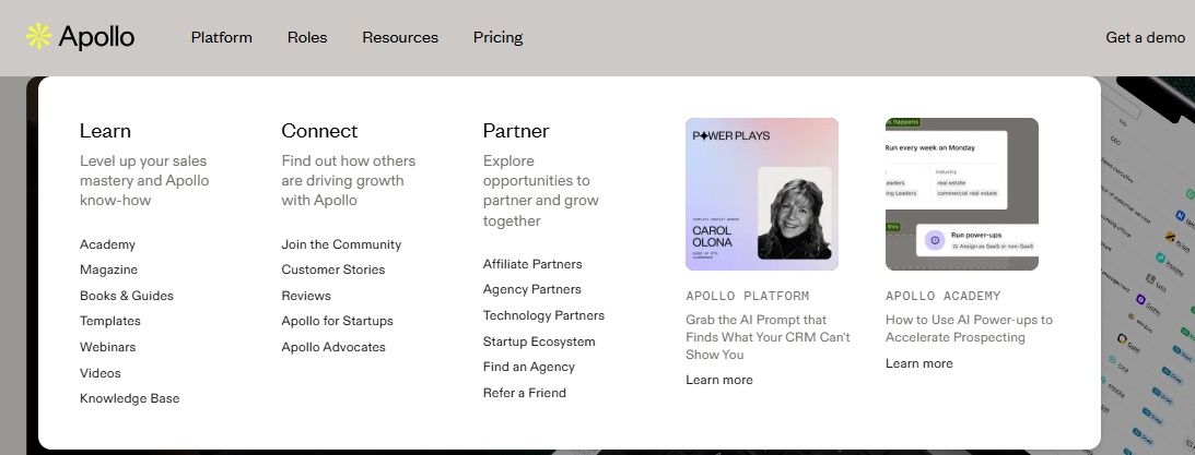 Apollo platform, connect, partner, and resources.