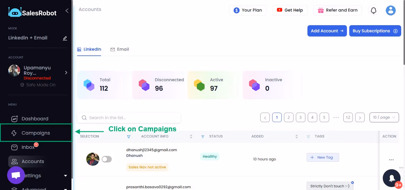 SalesRobot interface showing the Campaigns menu option.