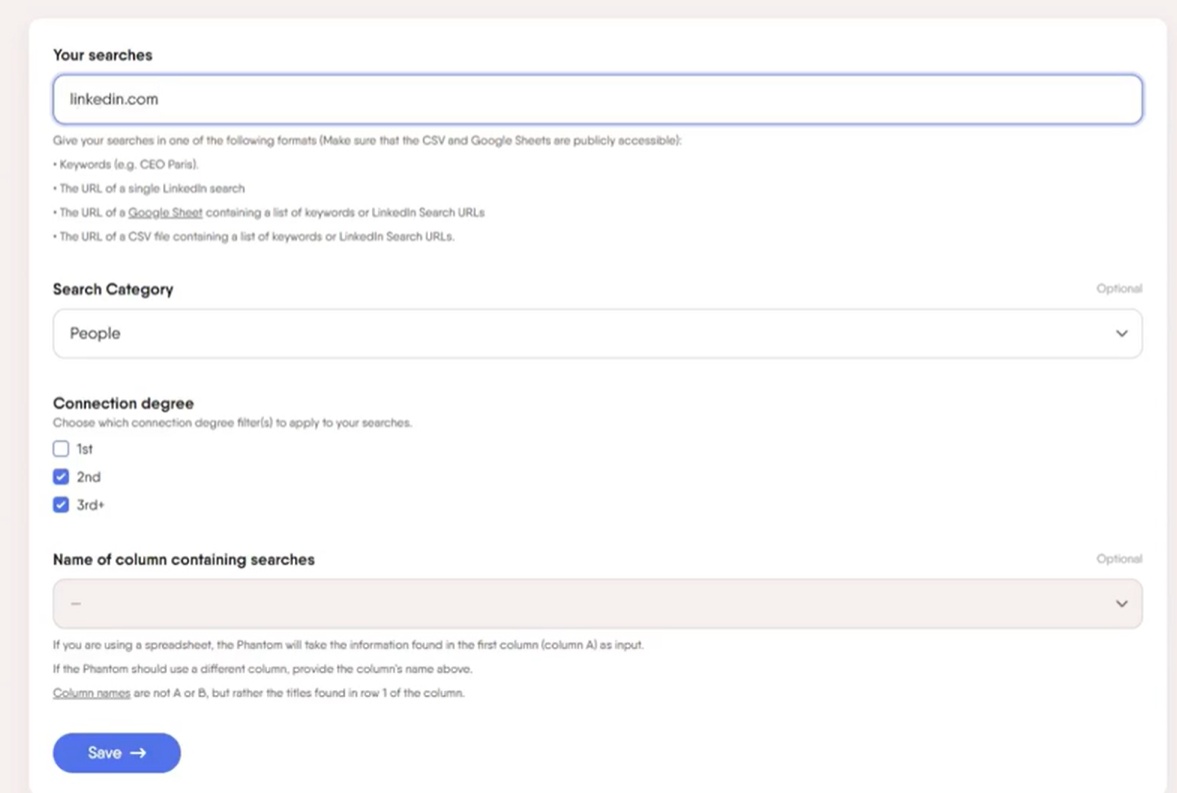 Screenshot of a form to specify LinkedIn search parameters.