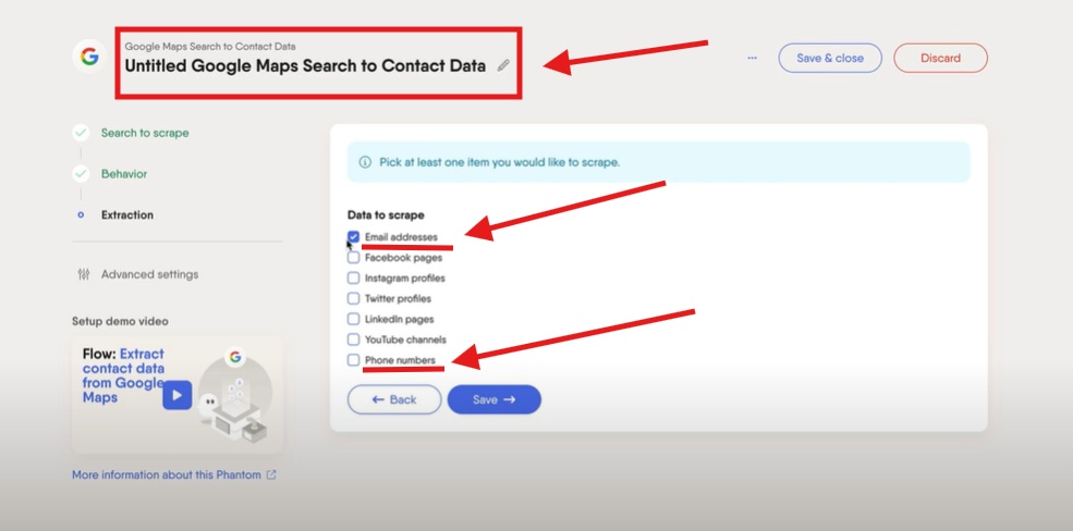 Screenshot showing the settings for scraping data from Google Maps.