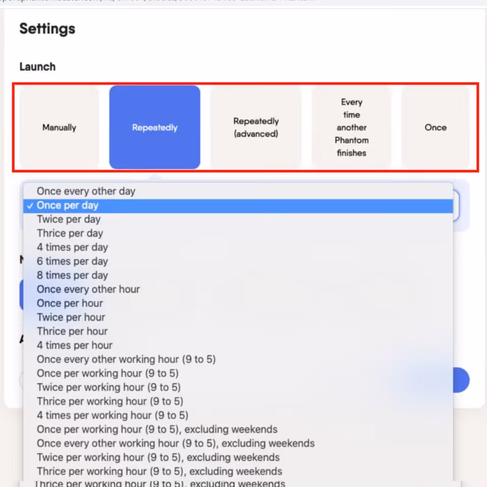 Phantombuster settings for scheduling outreach campaigns.