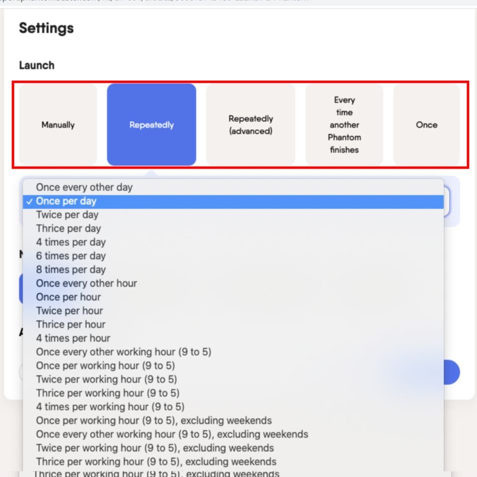 Screenshot of Dripify settings for launch frequency.