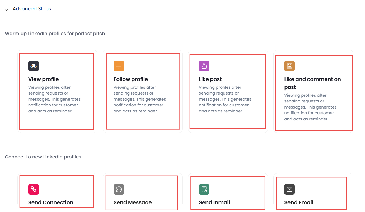 SalesRobot's advanced steps for warming up LinkedIn profiles before outreach.