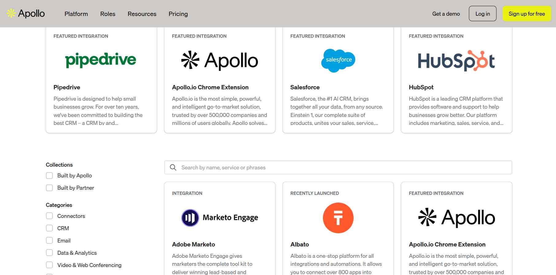 Apollo.io integrations with Pipedrive, Salesforce, and HubSpot.