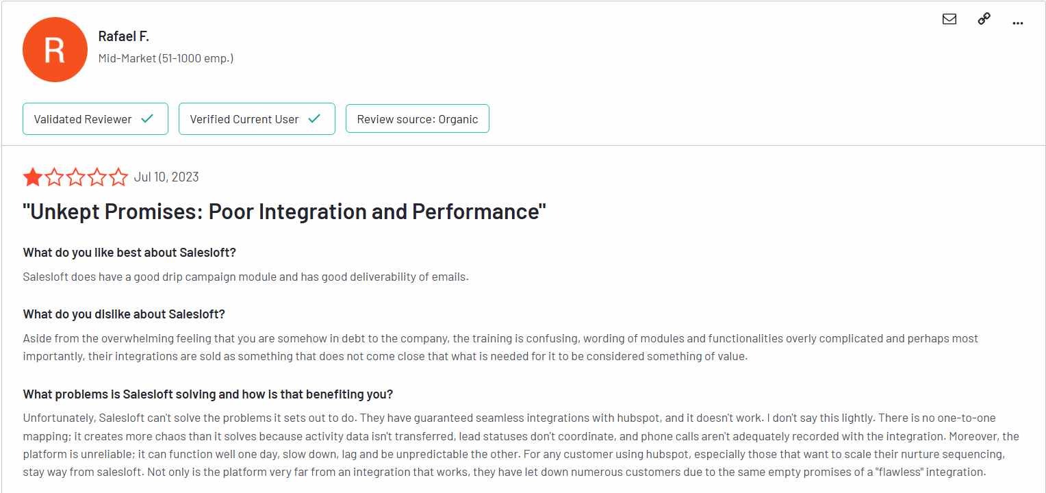 Negative user review of Salesloft saying the integrations don't work as advertised 