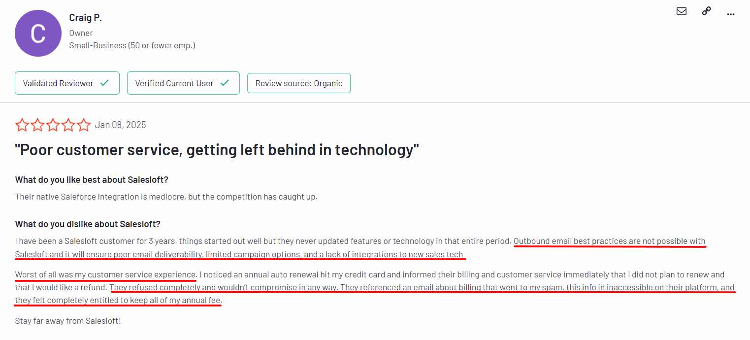 Negative user review of Salesloft saying the email deliverability is bad and customer support is unresponsive 