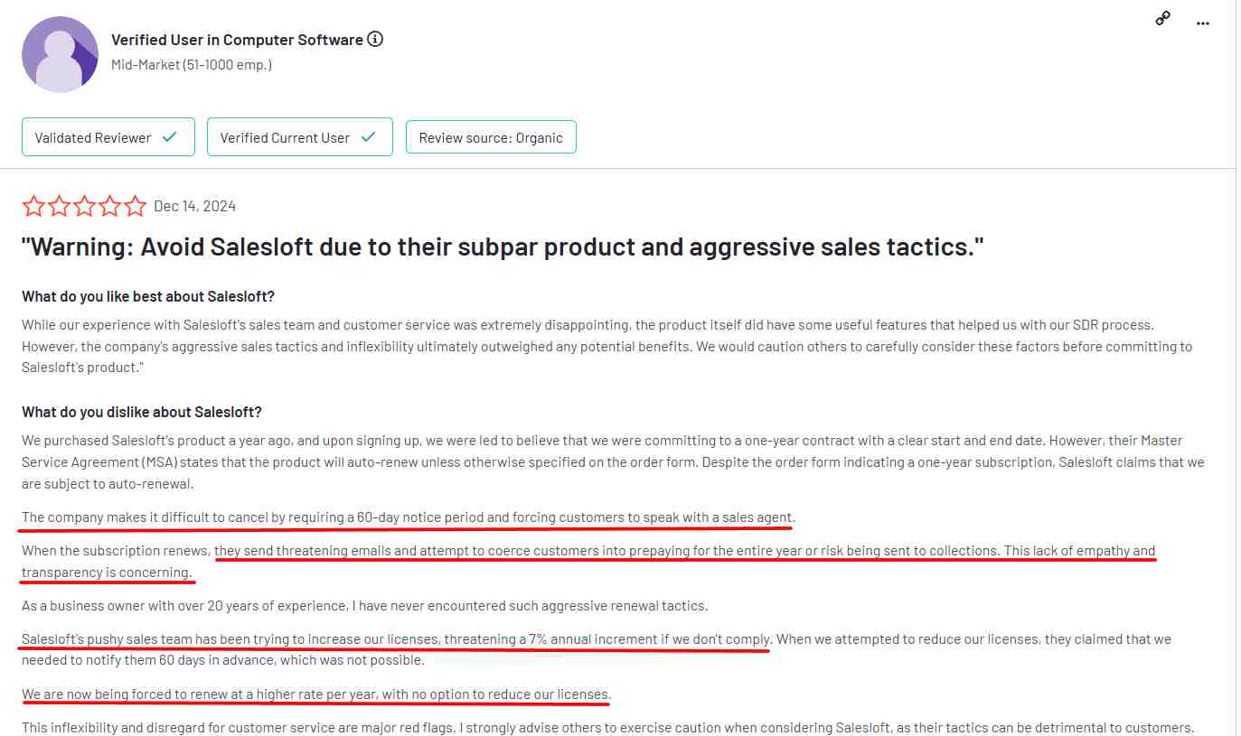 Negative user review of Salesloft saying they platform has shady billing practices and pushy sales tatics