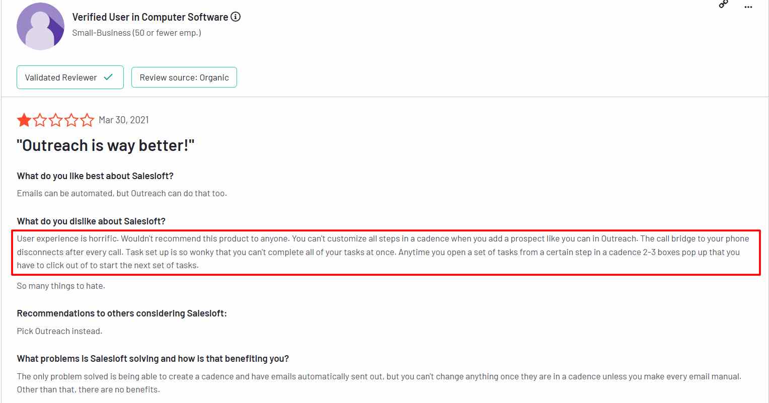 Negative user review of Salesloft saying the UI is bad 