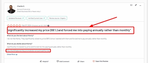 Negative user review of Klenty saying they increased their subscription cost with no notice 
