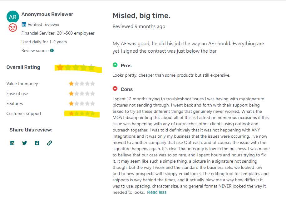 Negative user review of Outreach.io saying the product doesn't function as advertised 