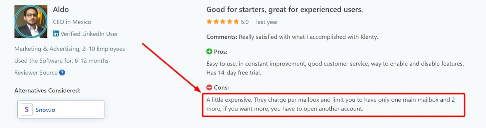 Negative user review of Klenty saying it is expensive to maintain