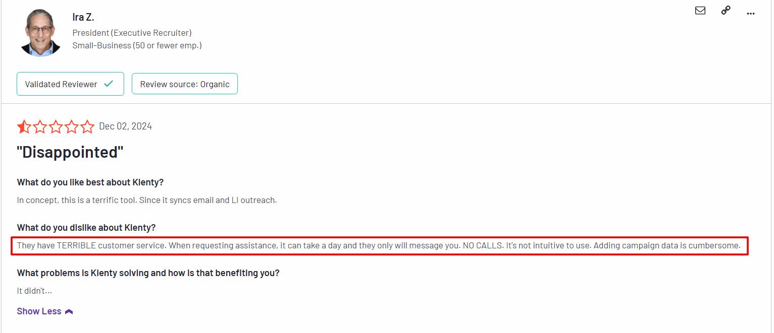 Negative user review of Klenty saying the customer service is terrible 