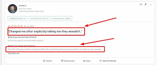 Negative user review of Klenty saying they were charged even after cancelling subscription 