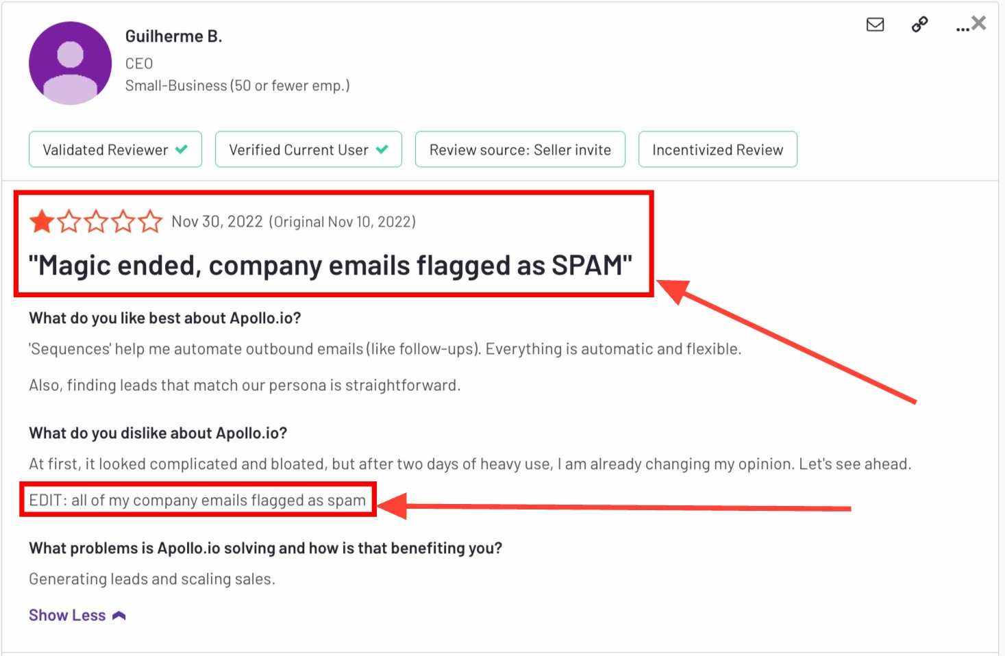 Negative user review of Apollo.io saying the emails get marked as spam 