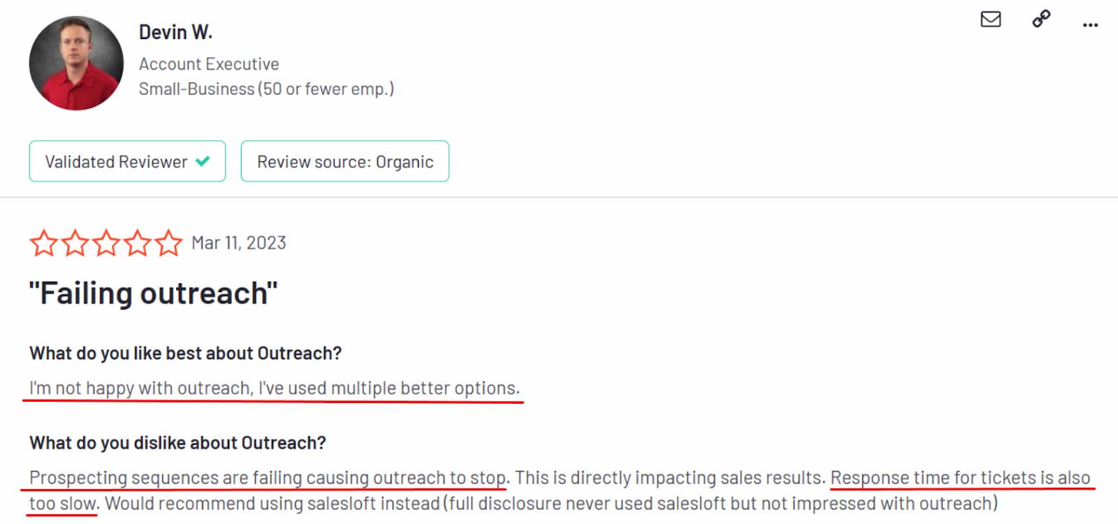 Negative user review of Outreach.io saying the outreach sequences fail and the customer support fails 