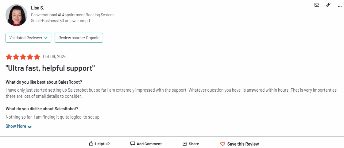 Screenshot of a SalesRobot review