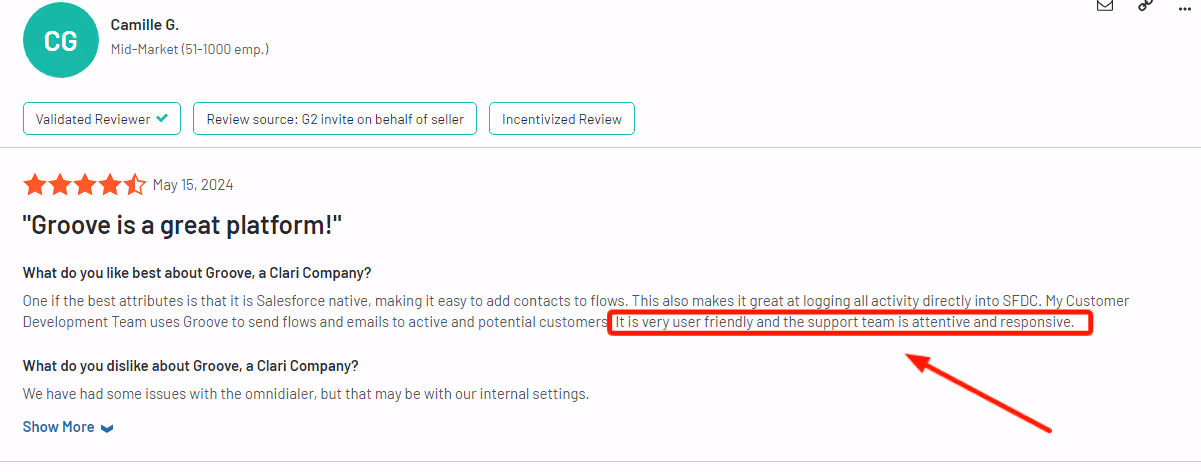 Review highlighting Groove's customer support