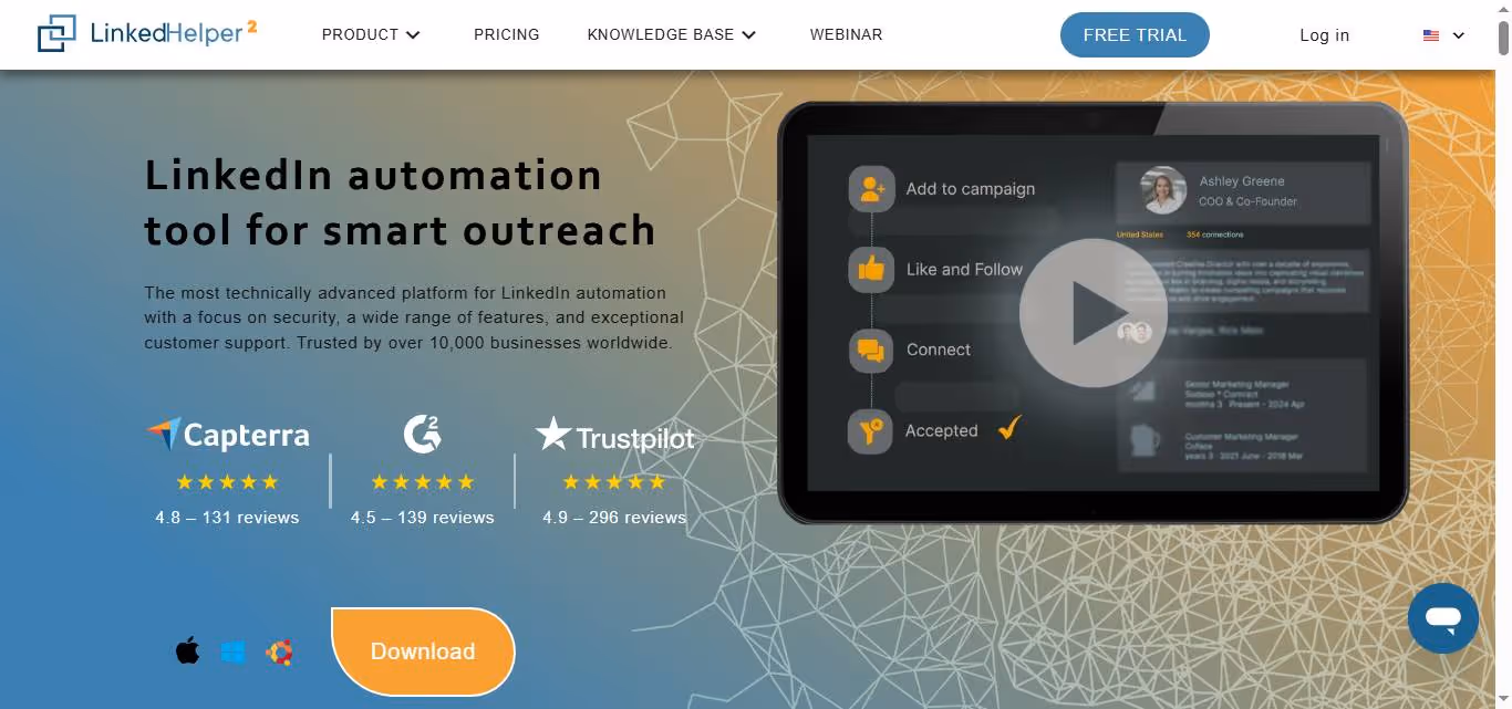 LinkedHelper homepage saying LinkedIn automation tool for smart outreach