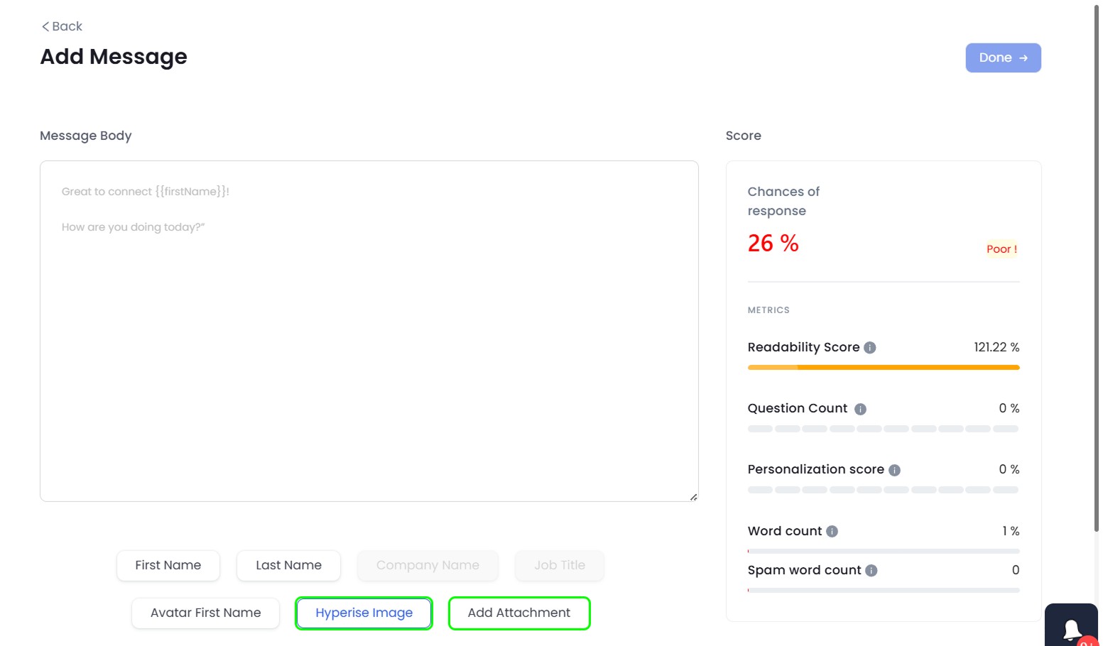 Add message interface with readability and spam score analysis.