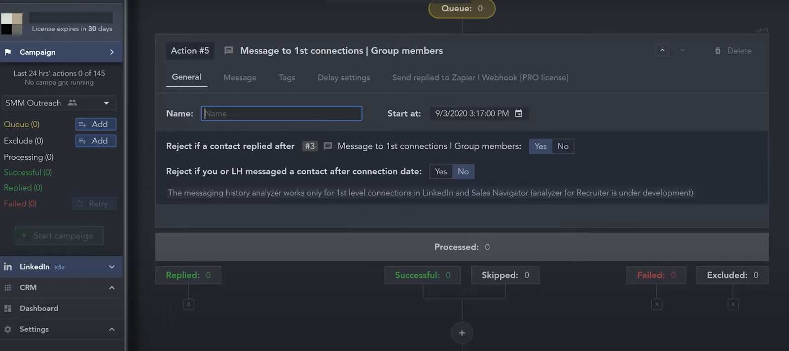Campaign creation settings in a dark-themed dashboard.