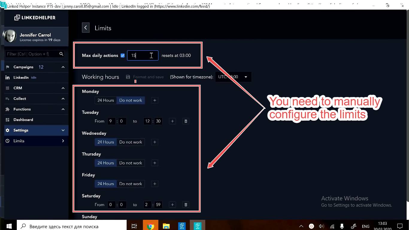 Manually configuring limits for LinkedIn automation