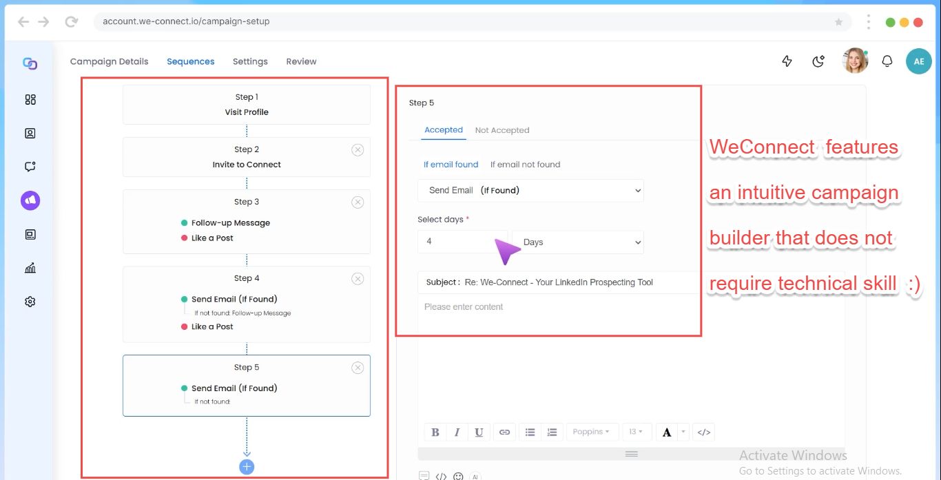 WeConnect's intuitive campaign builder, enabling the creation of LinkedIn outreach sequences without technical expertise.