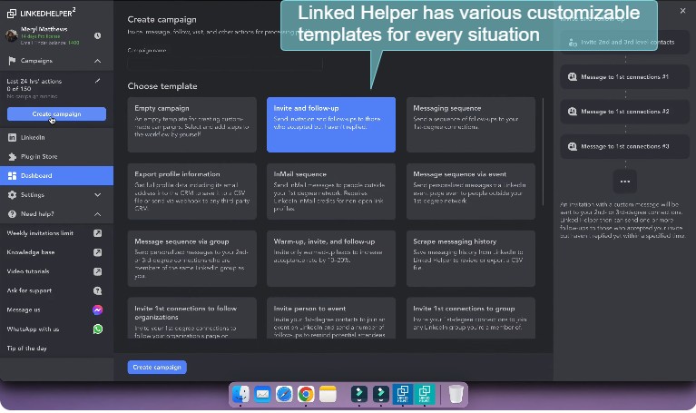 Linked Helper's various customizable templates for different outreach scenarios.