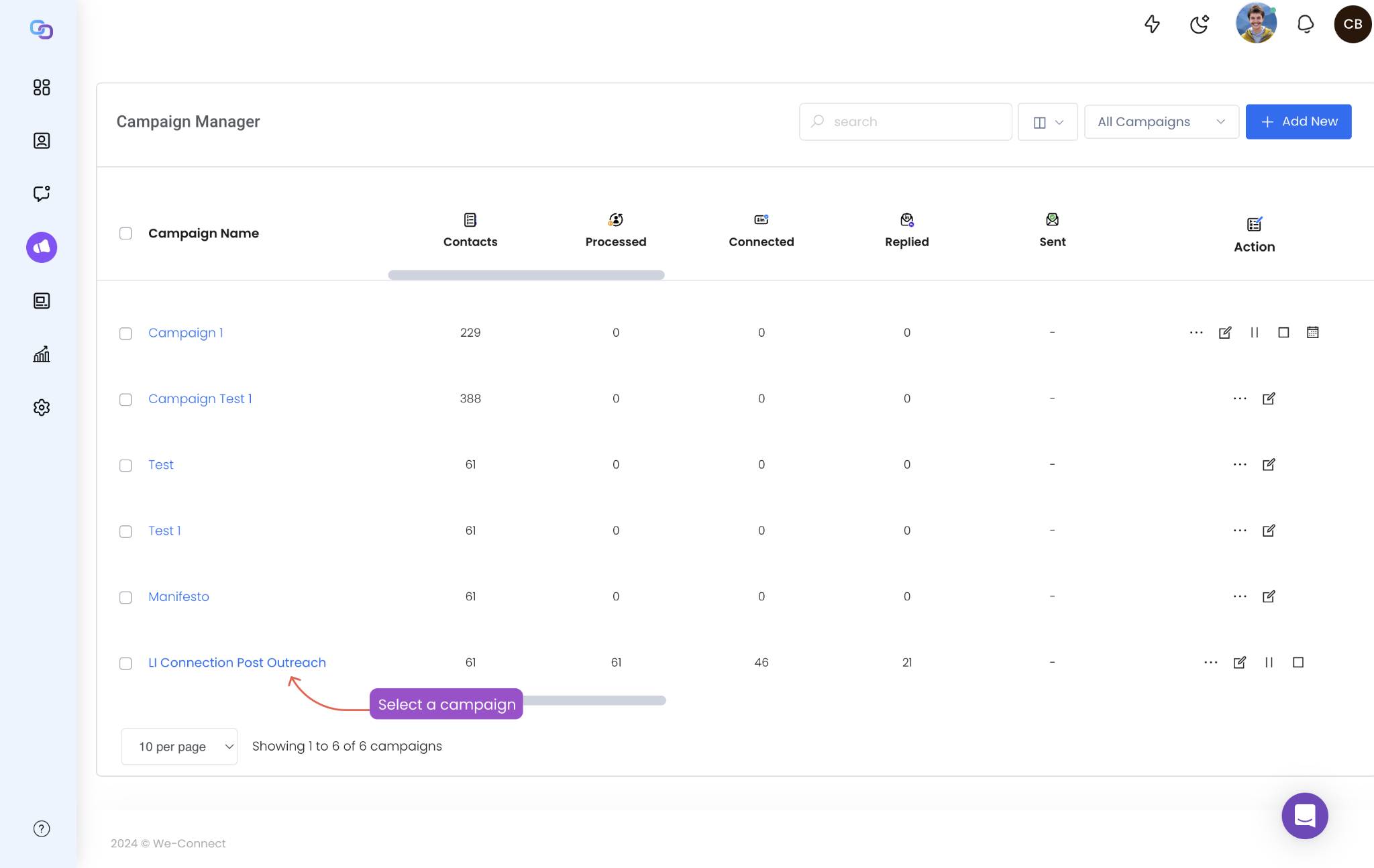 WeConnect campaign manager interface showing various campaigns and their statuses.