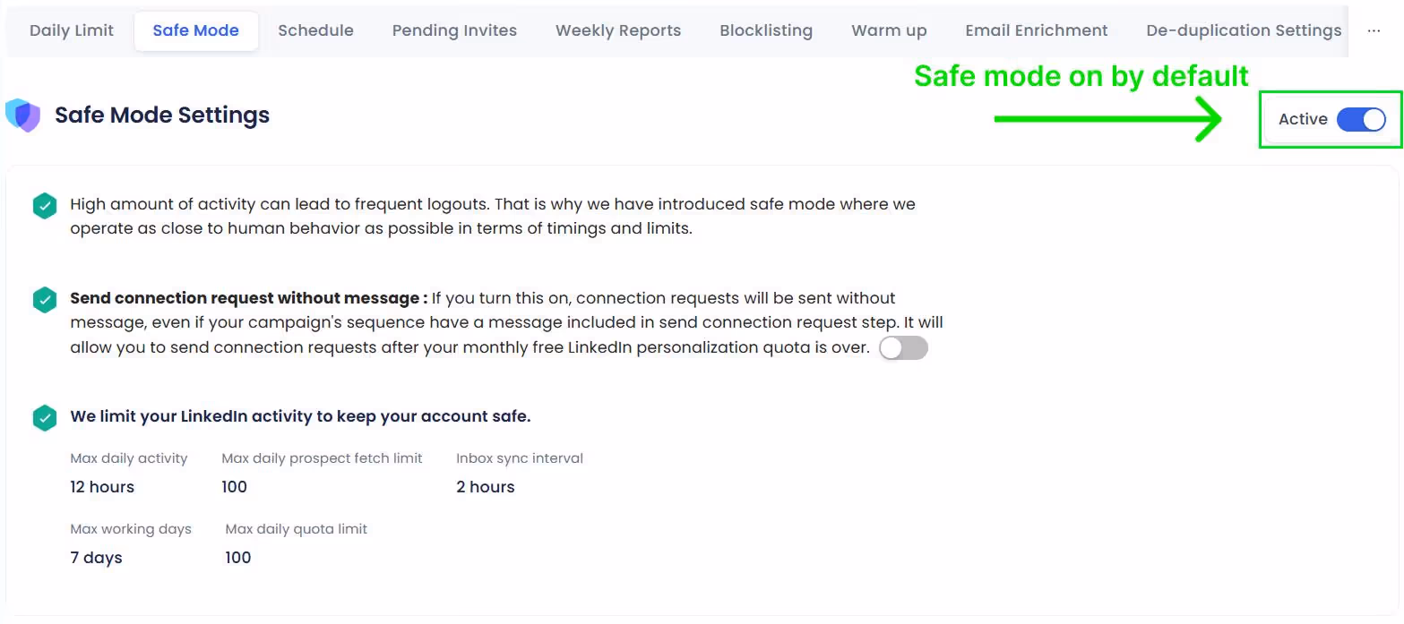 SalesRobot Safe Mode settings.