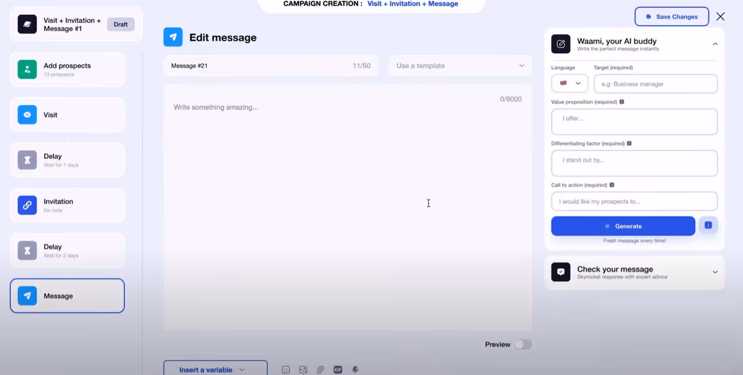SalesRobot campaign creation - visit, invitation and message.