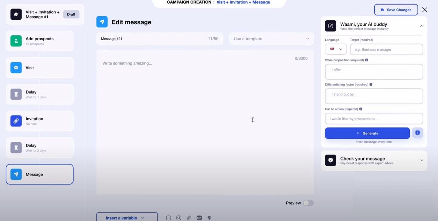 SalesRobot campaign creation - visit, invitation and message.