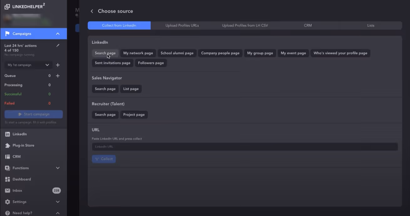 Choosing a data source for a new campaign in Linked Helper.