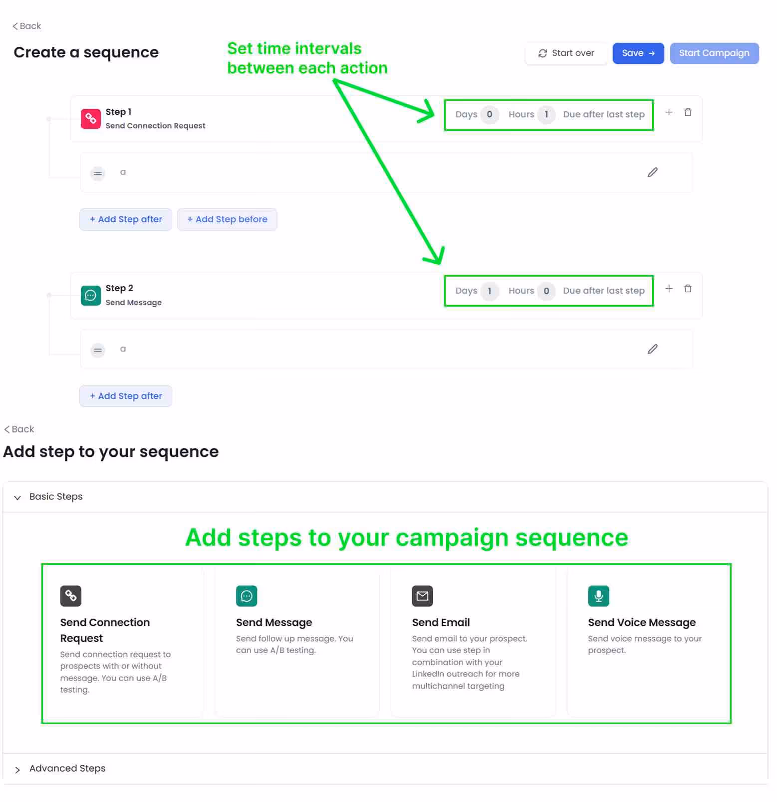 Setting up a multi-step campaign with time intervals between actions.