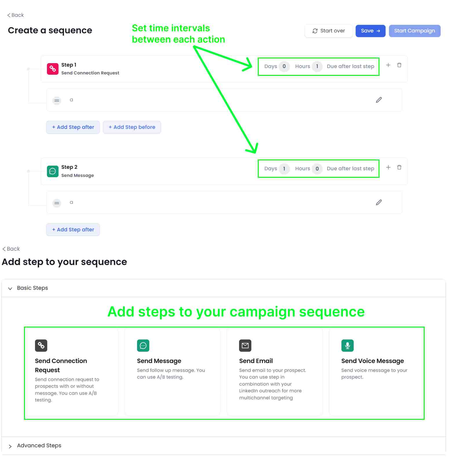 Setting up a multi-step campaign with time intervals between actions.