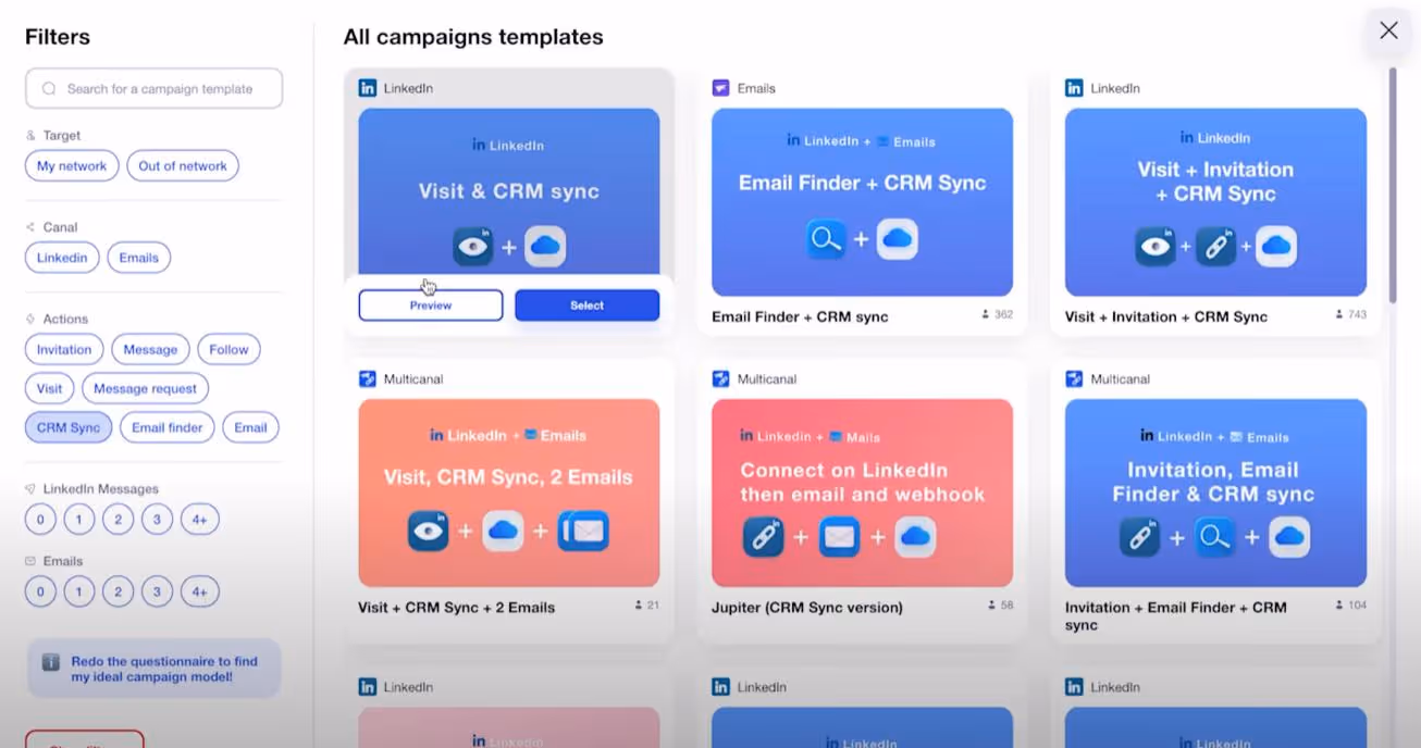 Various campaign templates available for LinkedIn outreach, including different combinations of actions and integrations.