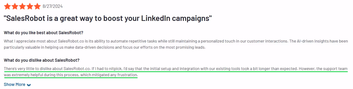 Screenshot of a positive review for SalesRobot, highlighting its ability to automate tasks while maintaining a personalized touch.