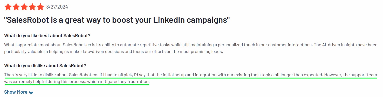 Screenshot of a positive review for SalesRobot, highlighting its ability to automate tasks while maintaining a personalized touch.