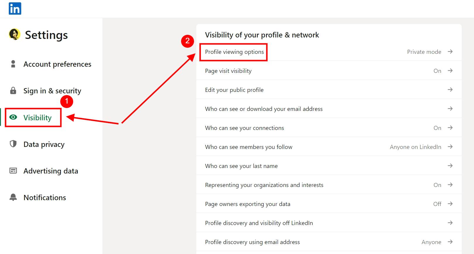 A LinkedIn screenshot showing profile visibility options.