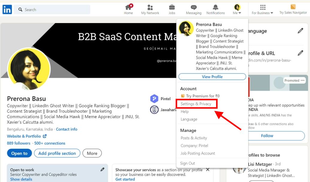 A dropdown showing the settings and privacy option on LinkedIn.