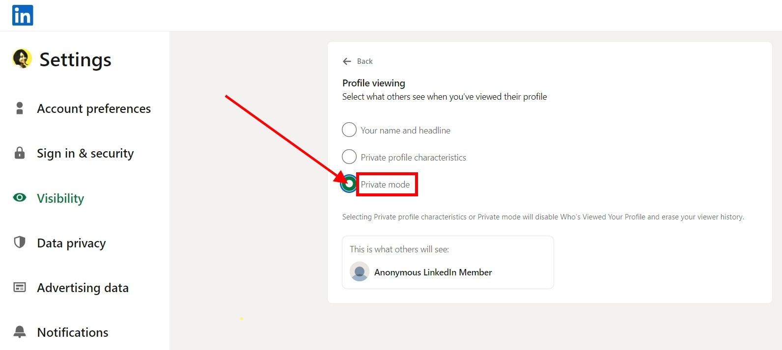The button which turns on privacy mode on LinkedIn.