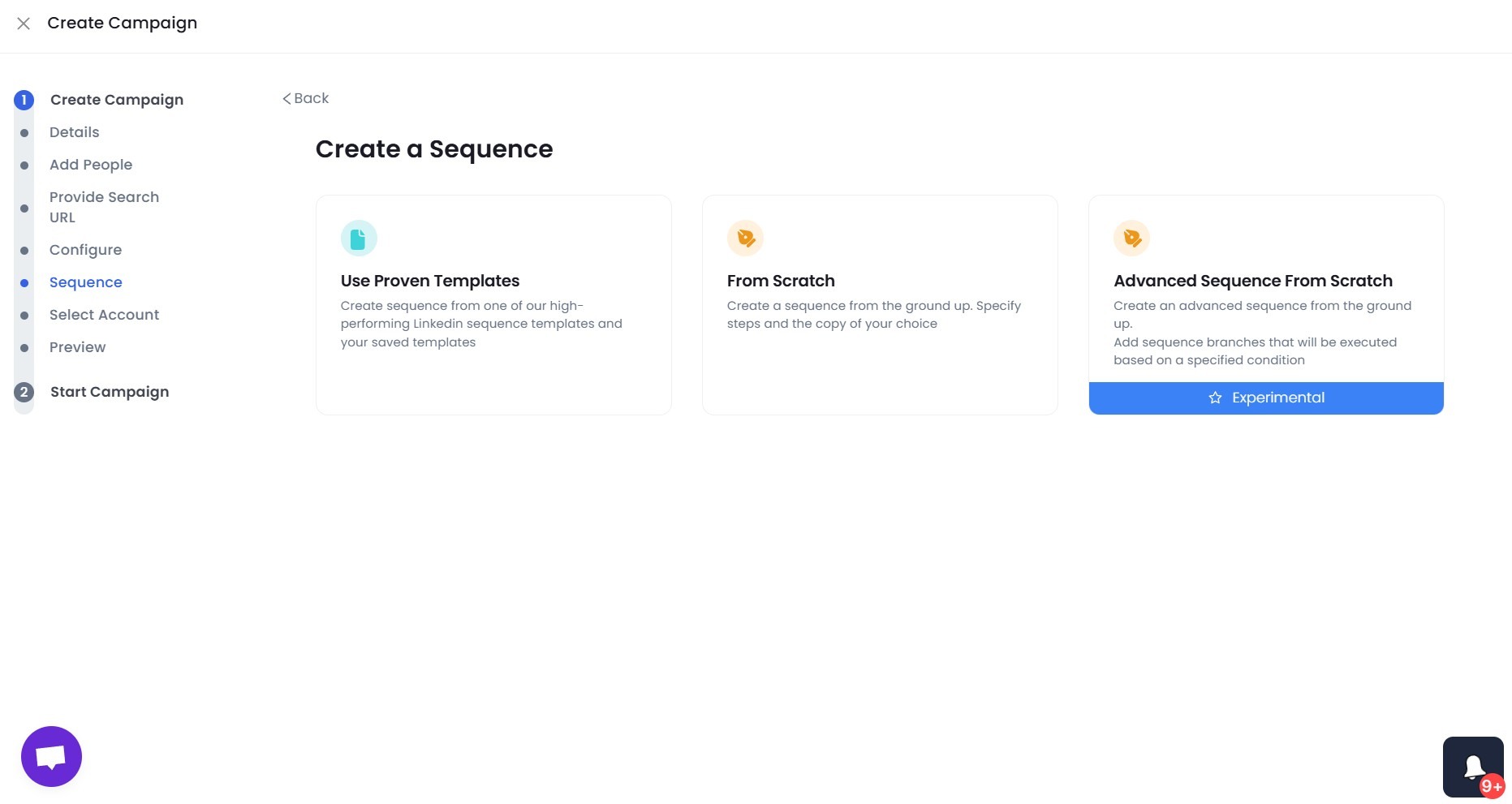 SalesRobot sequence creation options.